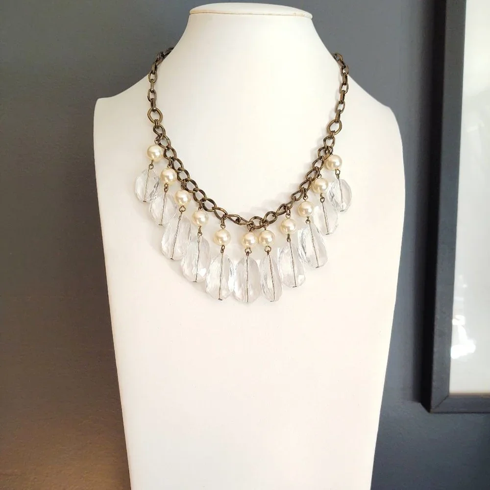 Faux pearl and clear bead dangle statement necklace